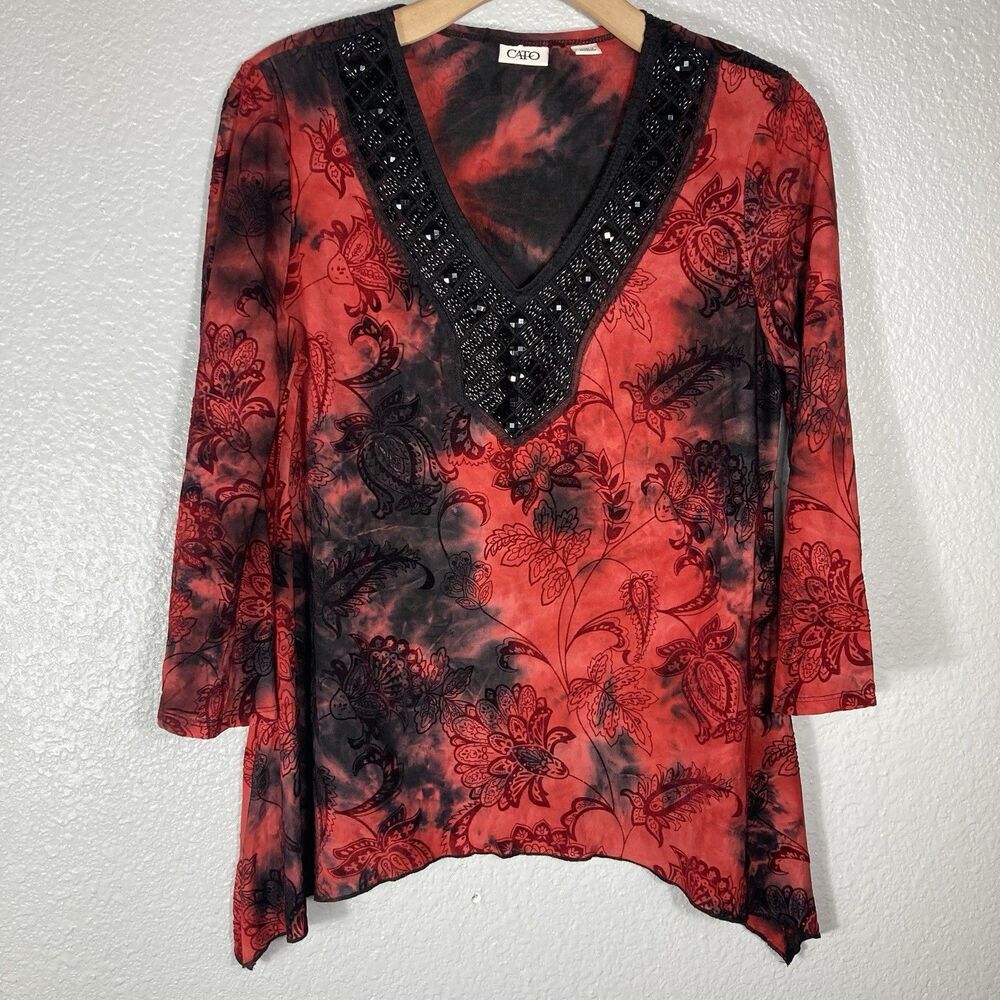 Y2K Top Blouse M Floral Velvet Burnout Beaded Red Black Whimsigoth Asymmetric